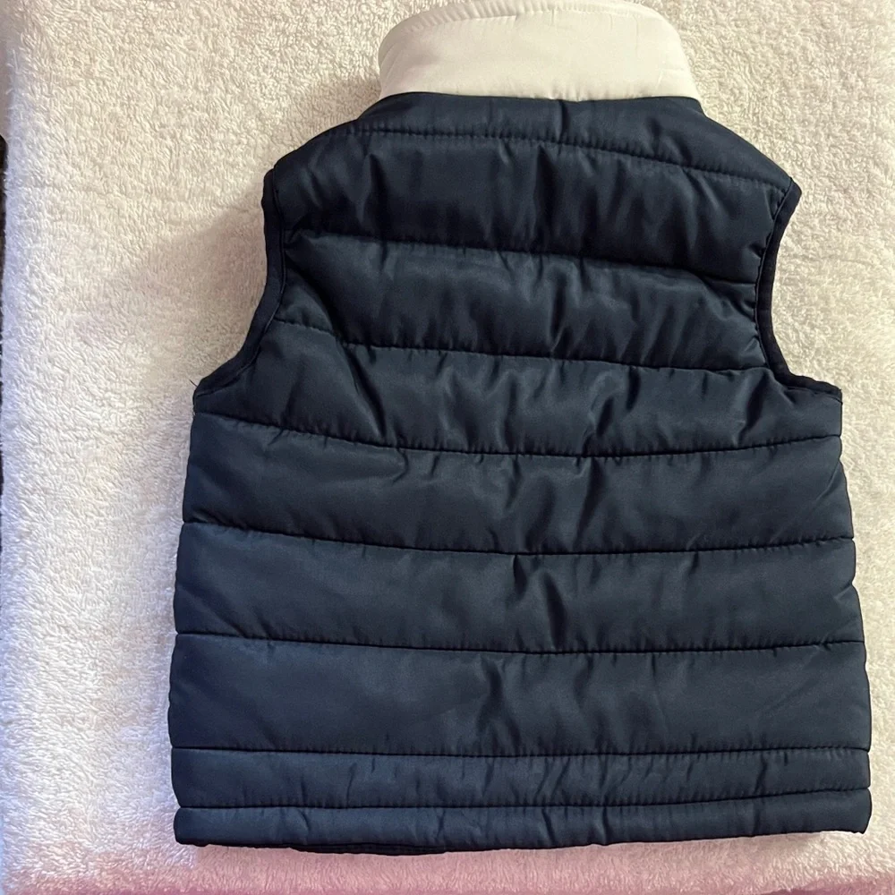 Lands' End Kids Navy, White & Olive Puffer Vest with Yellow Zipper - Picture 2 of 5
